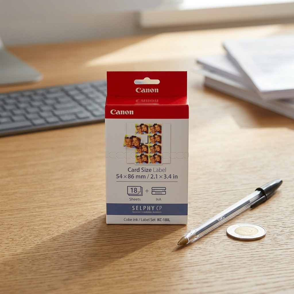 Boîte Canon KC-18IL à côté d’un stylo et d’une pièce pour montrer sa taille.