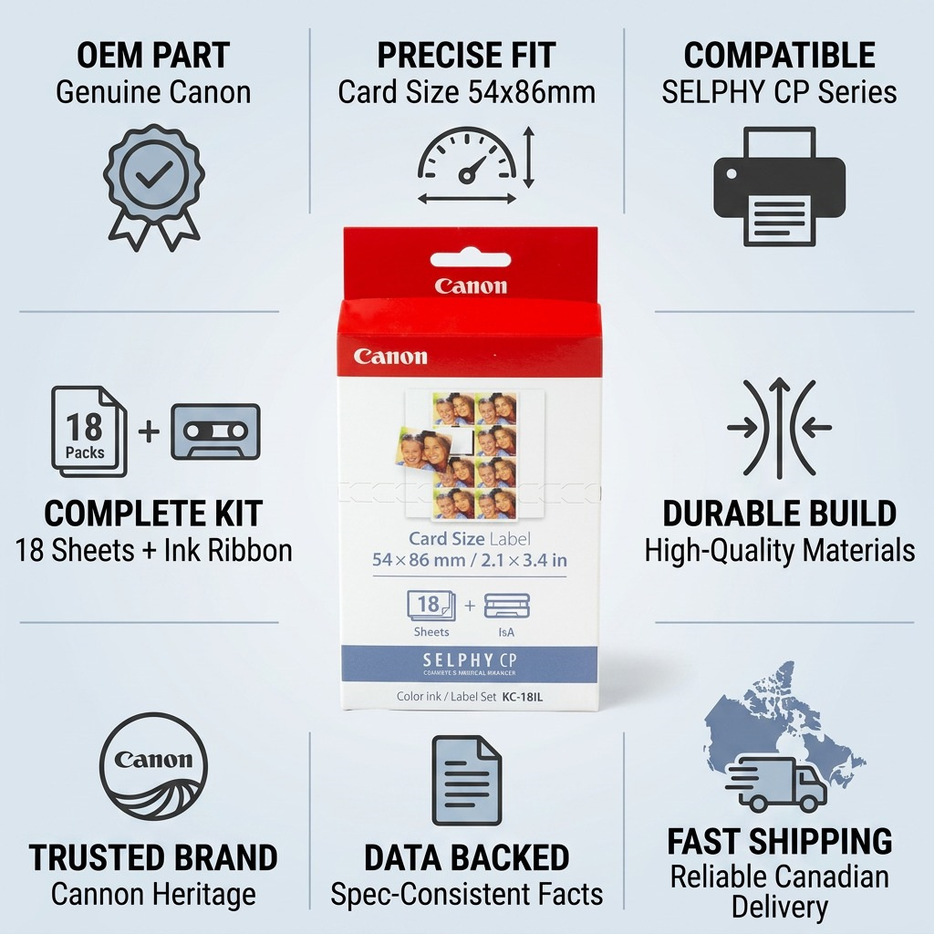Infographie de l’ensemble Canon KC-18IL d’encre et d’étiquettes format carte.