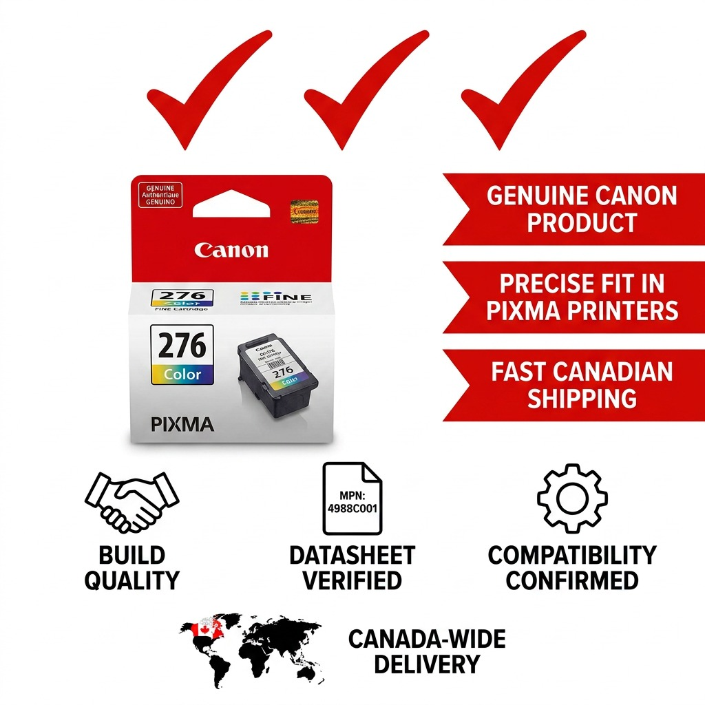 Infographie de la cartouche Canon CL-276 présentant ses caractéristiques et la livraison au Canada.