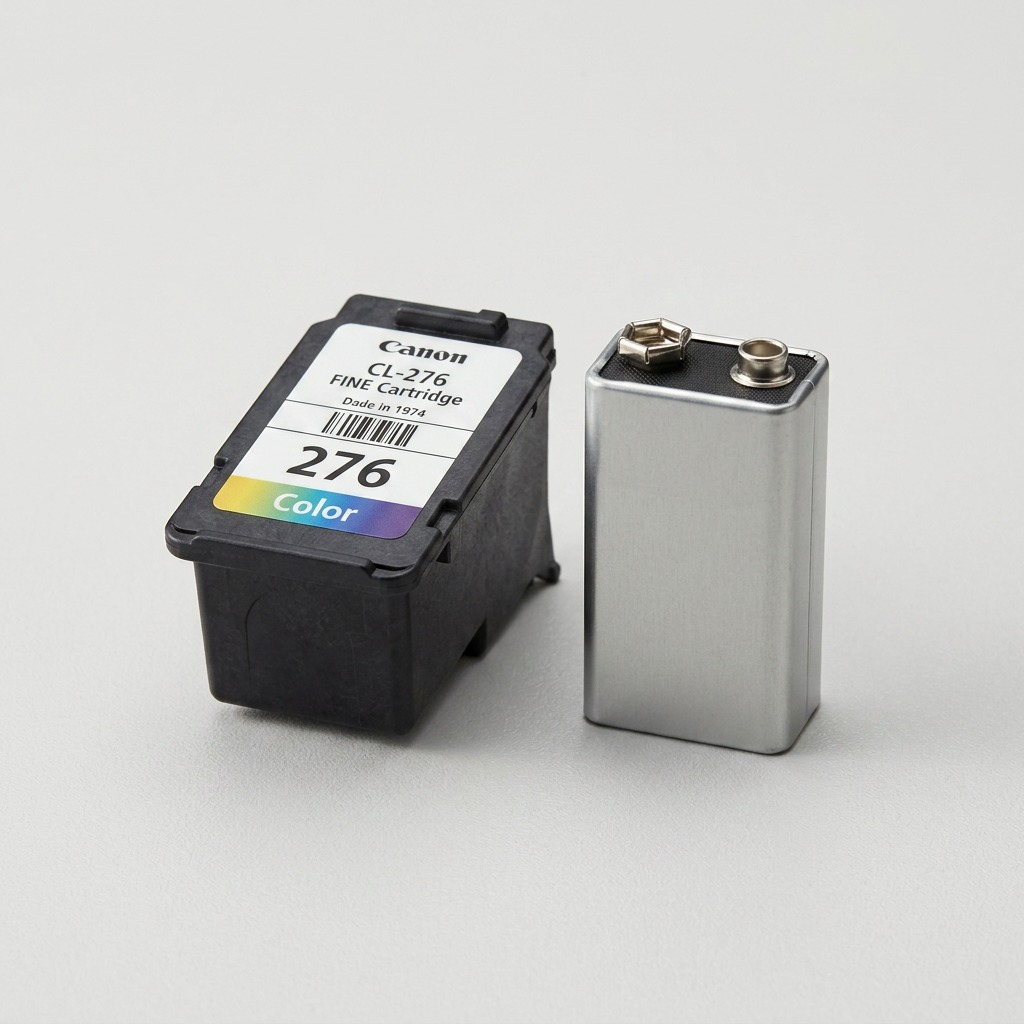 Cartouche Canon CL-276 placée à côté d’une pile de 9 V pour montrer son format.