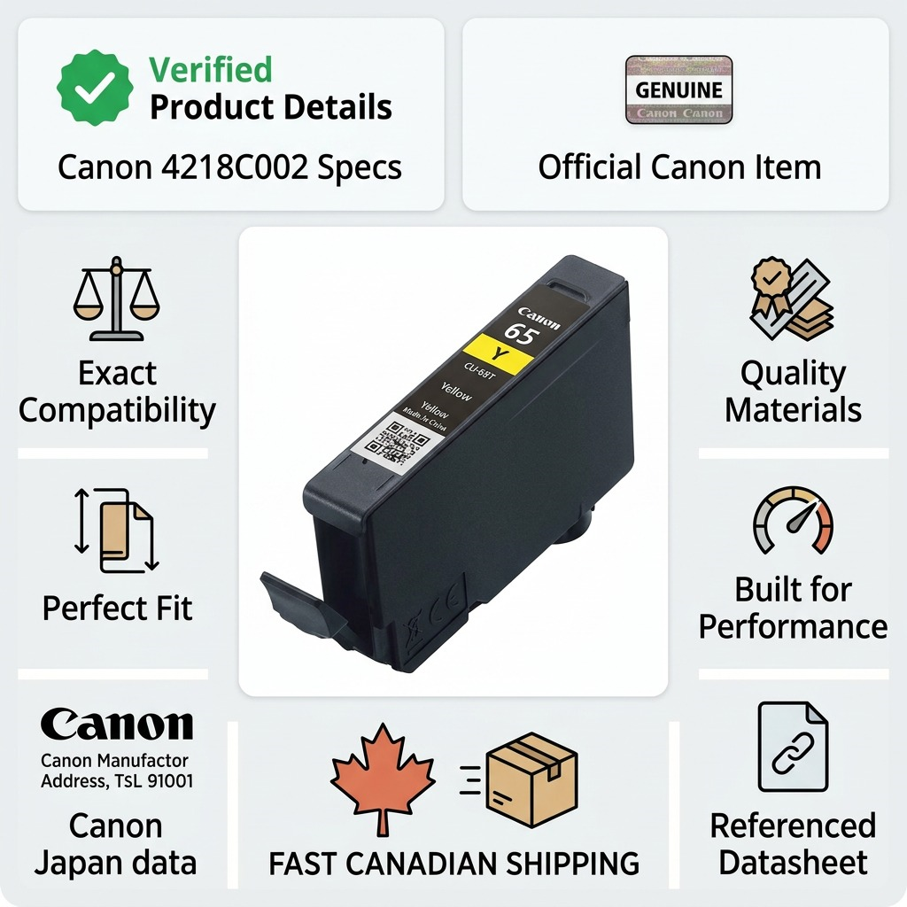 Infographie des caractéristiques de la cartouche jaune Canon CLI-65 et de la livraison au Canada.