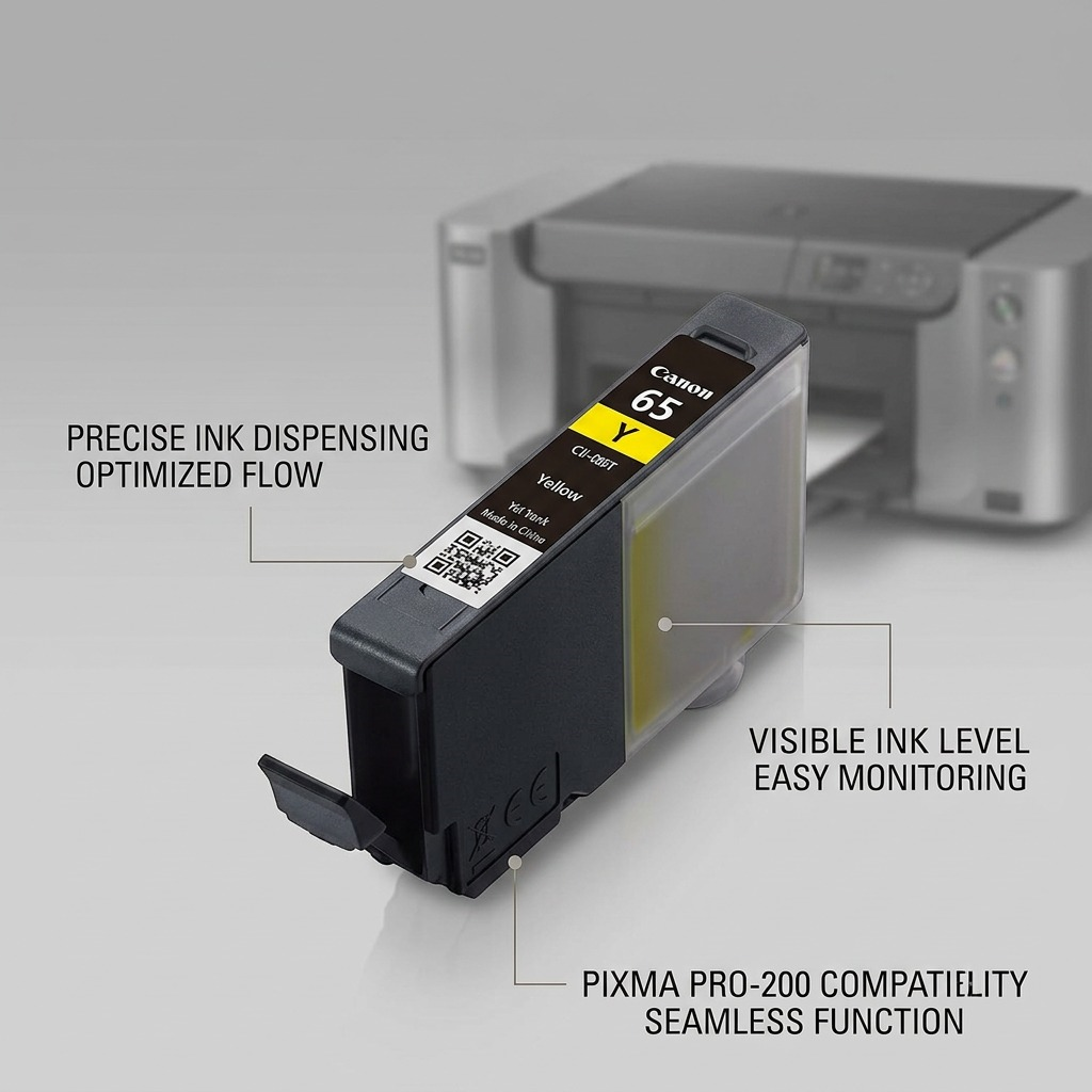 Infographie de la cartouche jaune Canon CLI-65 et de sa compatibilité PIXMA PRO-200.