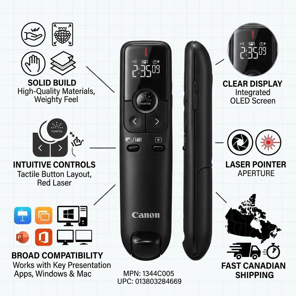A high-resolution, centered view of the black Canon PR100-R presenter remote on a pure white background.