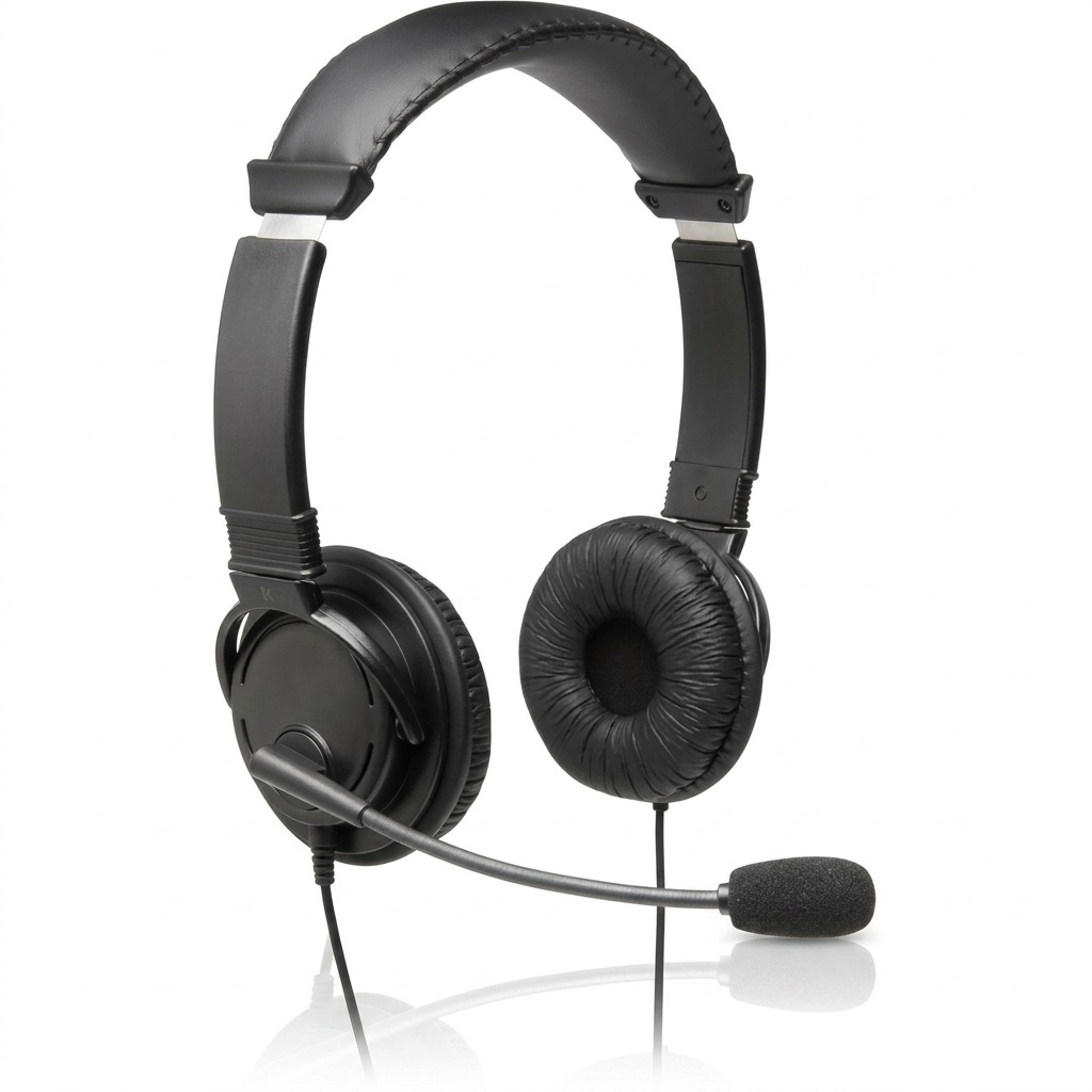 A crisp, pure white-background ecommerce hero shot of the canonical Kensington K97603WW Hi-Fi Headphones with a boom microphone and foam windscreen. The image is clean-edged, with a soft, centered minimal shadow. No logos or text beyond what is on the device itself.