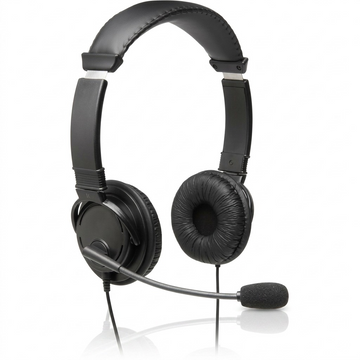 A crisp, pure white-background ecommerce hero shot of the canonical Kensington K97603WW Hi-Fi Headphones with a boom microphone and foam windscreen. The image is clean-edged, with a soft, centered minimal shadow. No logos or text beyond what is on the device itself.
