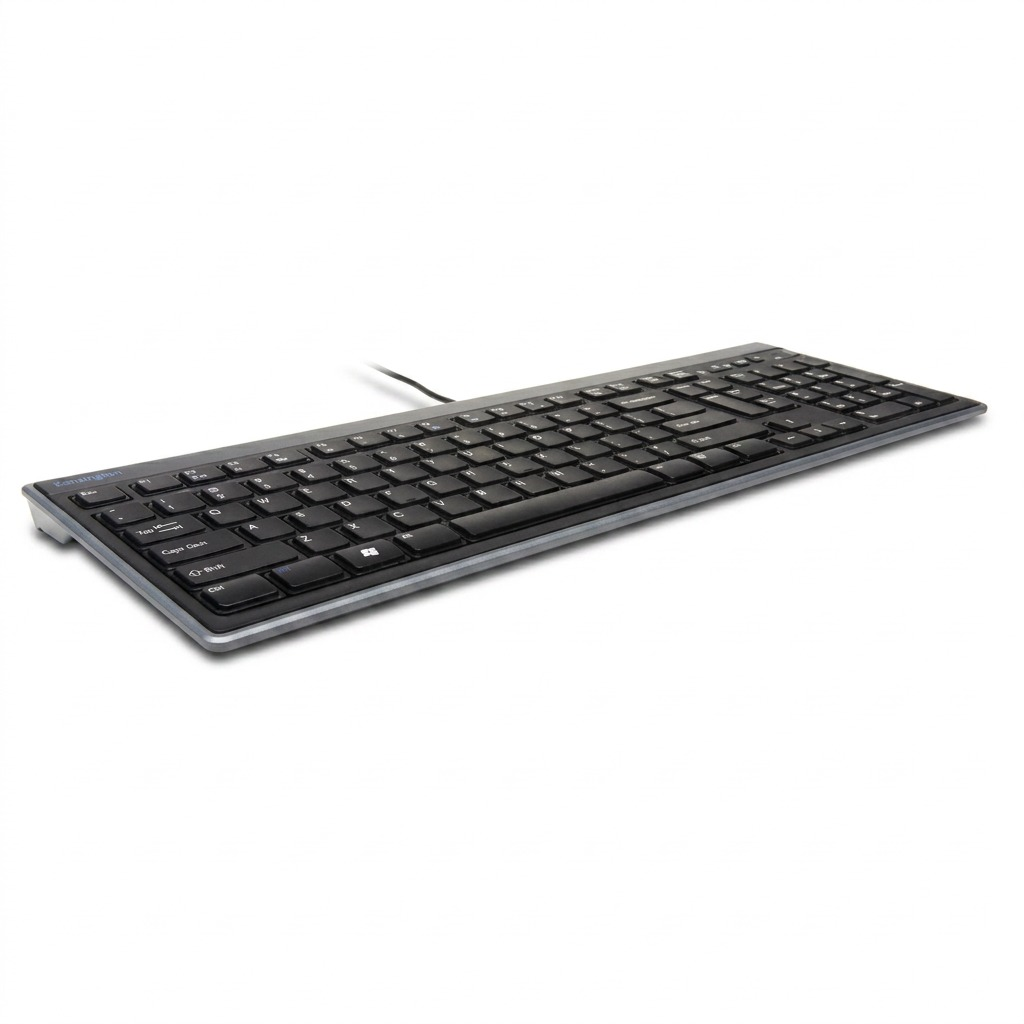 Angled view of the Kensington Slim Type Wired Keyboard showing its low-profile laptop-style keys.