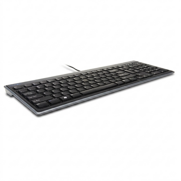 Angled view of the Kensington Slim Type Wired Keyboard showing its low-profile laptop-style keys.