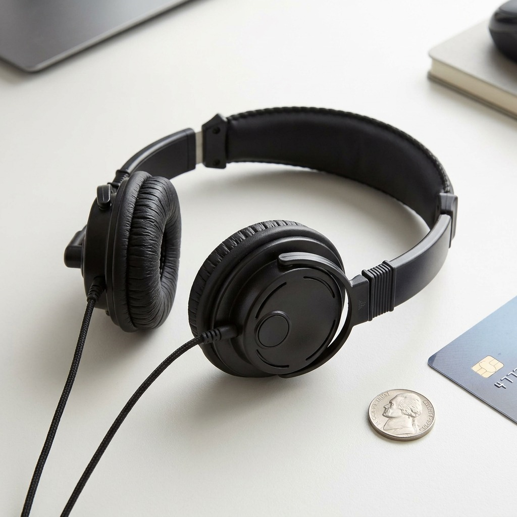 A crisp, pure white-background ecommerce hero shot of the canonical Kensington K97603WW Hi-Fi Headphones with a boom microphone and foam windscreen. The image is clean-edged, with a soft, centered minimal shadow. No logos or text beyond what is on the device itself.