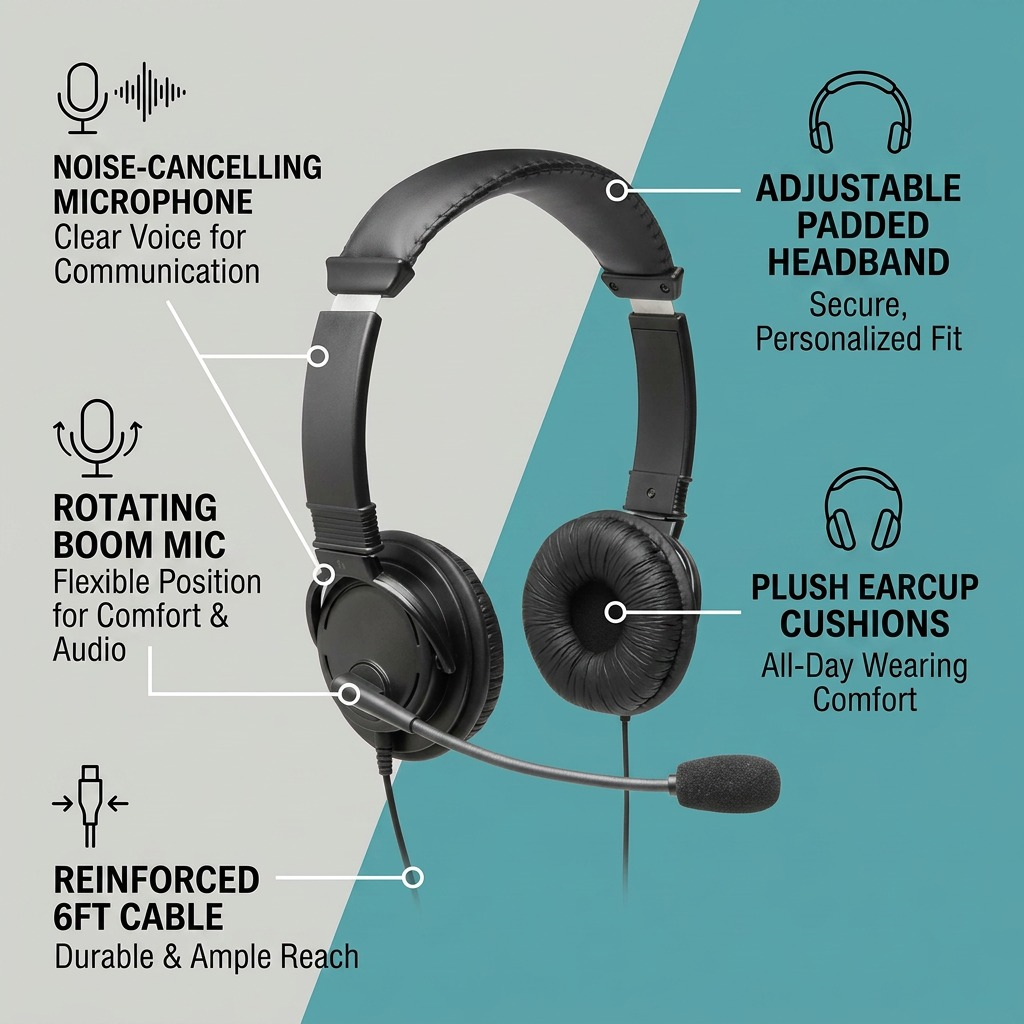 A feature called-out image for the Kensington Hi-Fi Headphones and mic, showing features.
