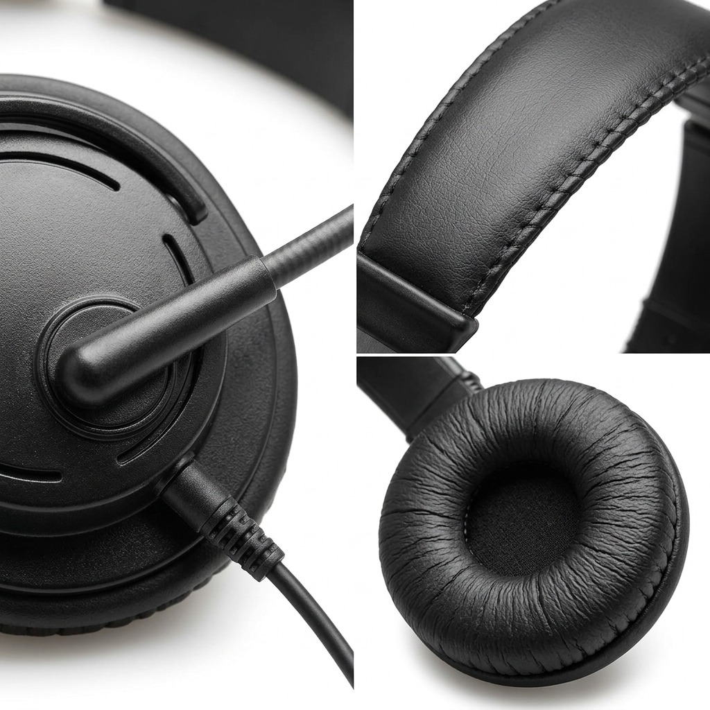 Macro photo showing detailed texture of microphone foam and cable connection on the Kensington Hi-Fi Headset.