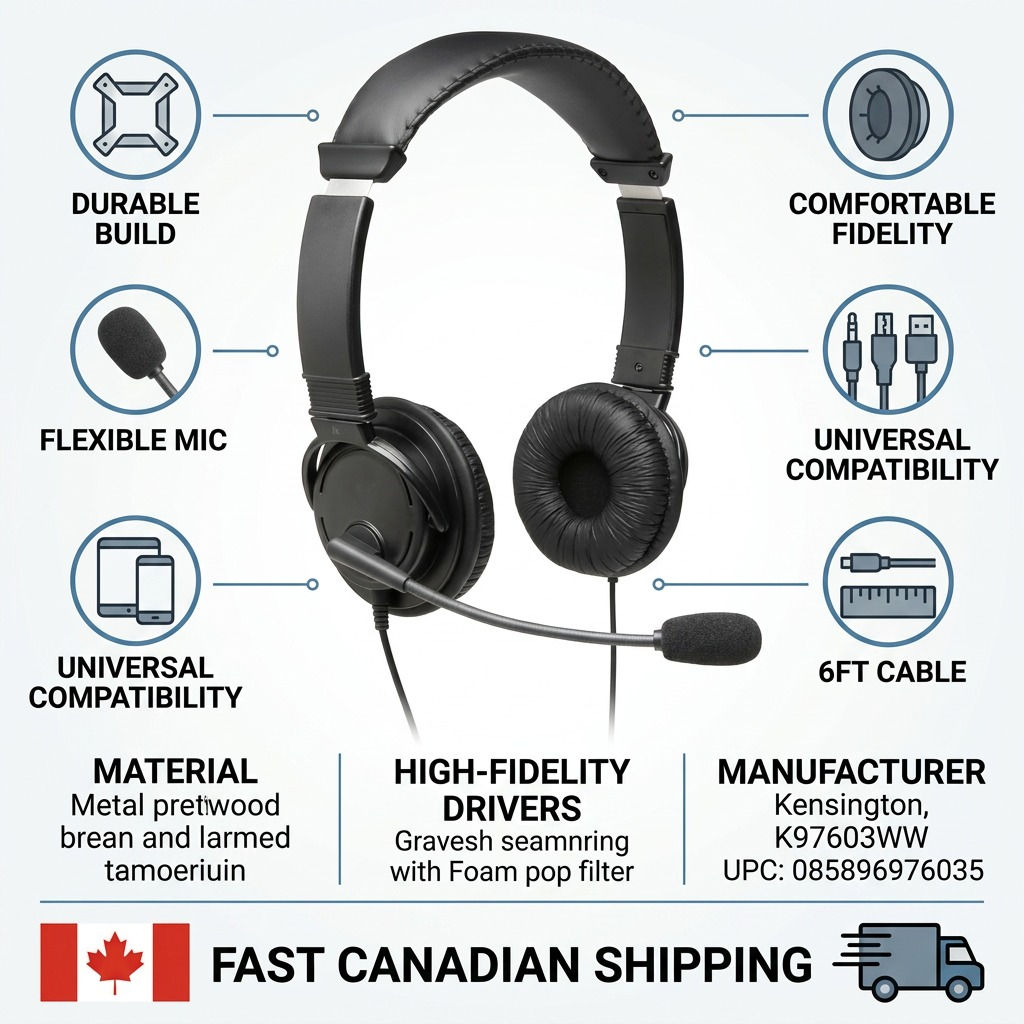Infographic on trust and authority for Kensington K97603WW headset, emphasizing quality features and details.