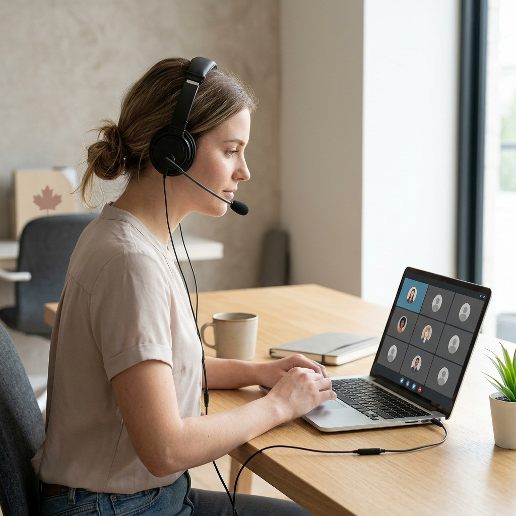 A woman wears the specific Kensington Hi-Fi Headphones K97603WW with the boom mic, using them with her laptop in an office.