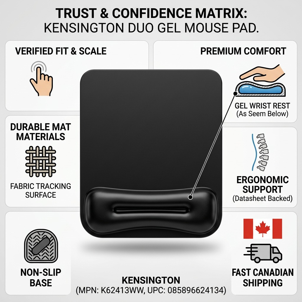 Kensington Duo Gel Mouse Pad infographic highlighting gel wrist rest and fast Canadian shipping.