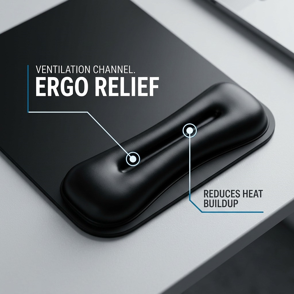 Kensington Duo Gel Mouse Pad feature callout highlighting the ventilation channel and ergo relief.