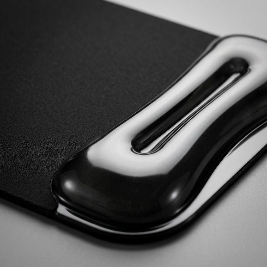Macro detail of Kensington Duo Gel Mouse Pad showing the glossy wrist rest and ventilation channel.