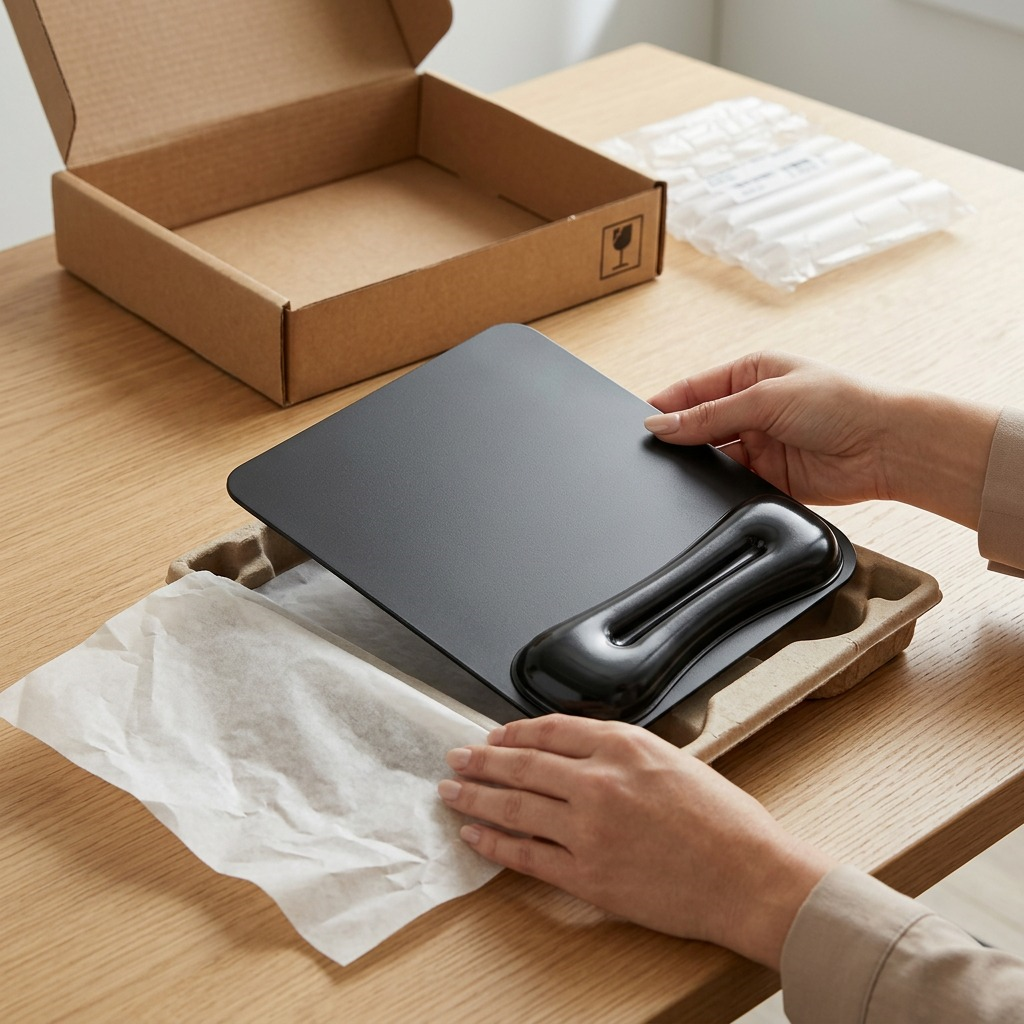 Unboxing a Kensington Duo Gel Mouse Pad from protective cardboard and paper shipping packaging.