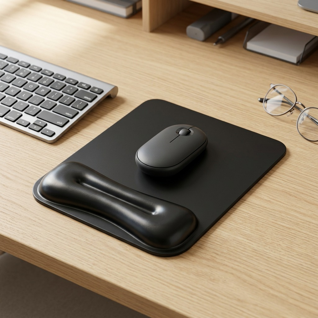 Black Kensington Duo Gel Mouse Pad with ergonomic wrist support on a wooden desk with a computer mouse.