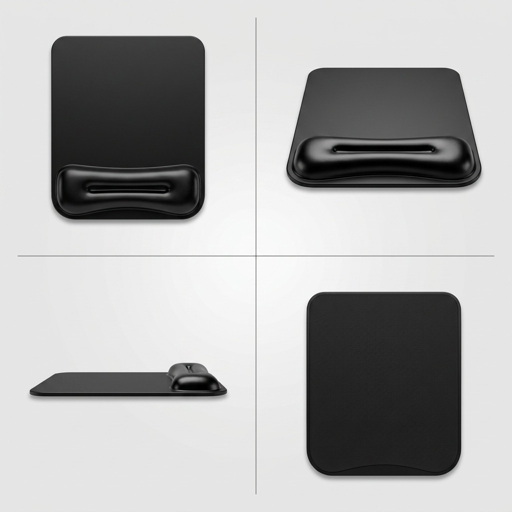 Grid view of black Kensington Duo Gel Mouse Pad showing top-down, angled, and side profile views.