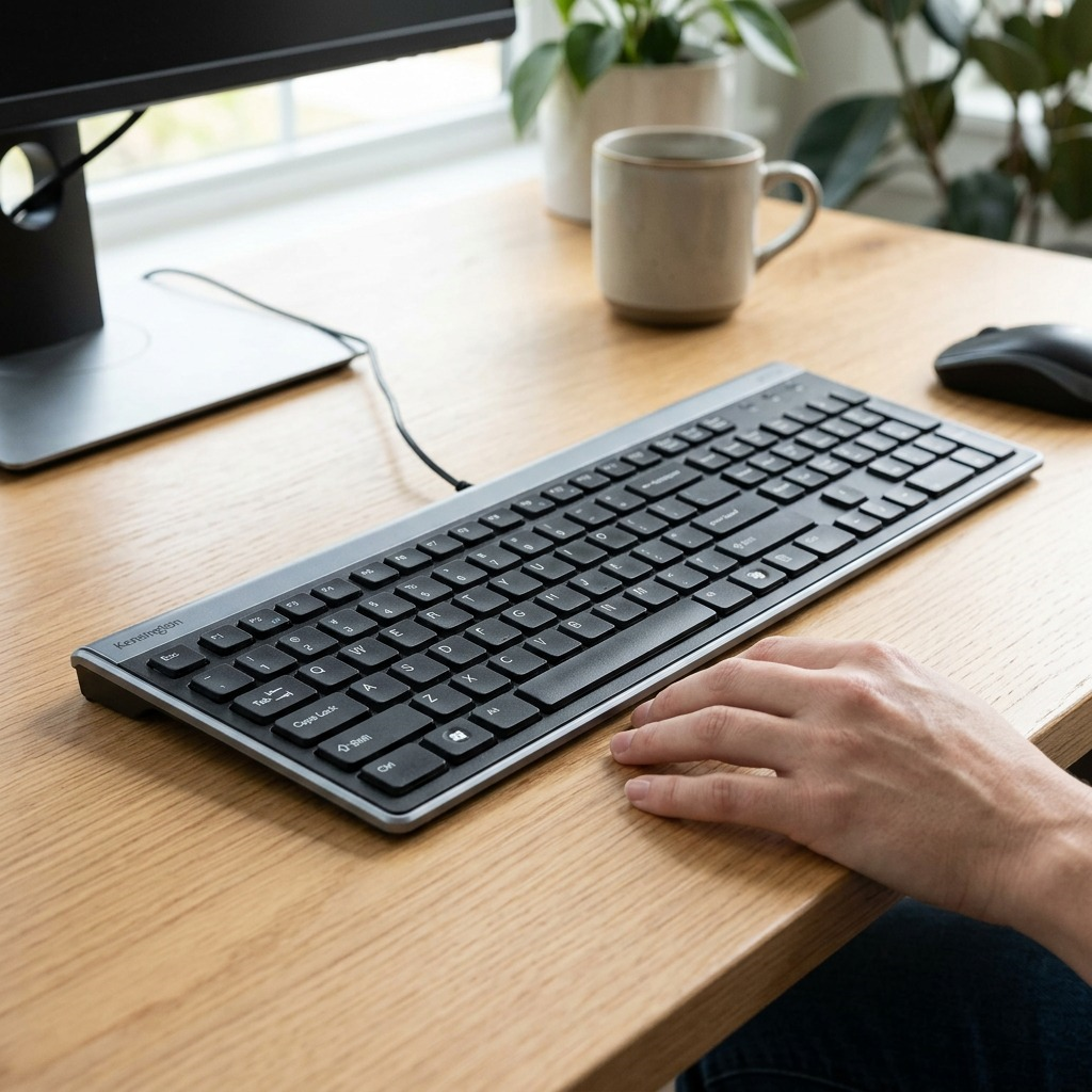 Angled view of the Kensington Slim Type Wired Keyboard showing its low-profile laptop-style keys.