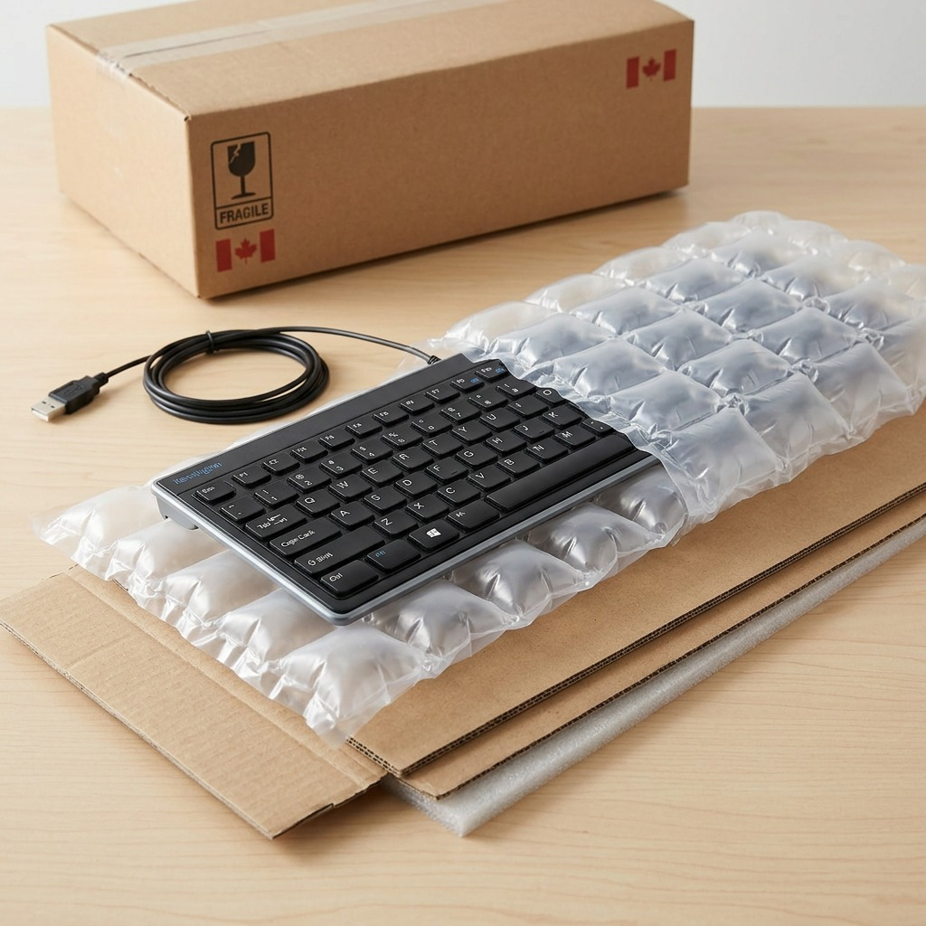 Kensington Slim Wired Keyboard unboxing with protective air bubble wrap and shipping box.