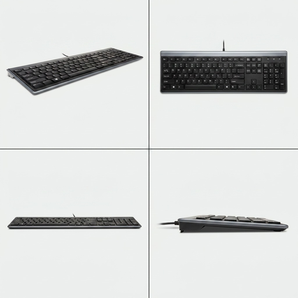 Four-view matrix of the Kensington Slim Wired Keyboard showing top, side, and angled perspectives.