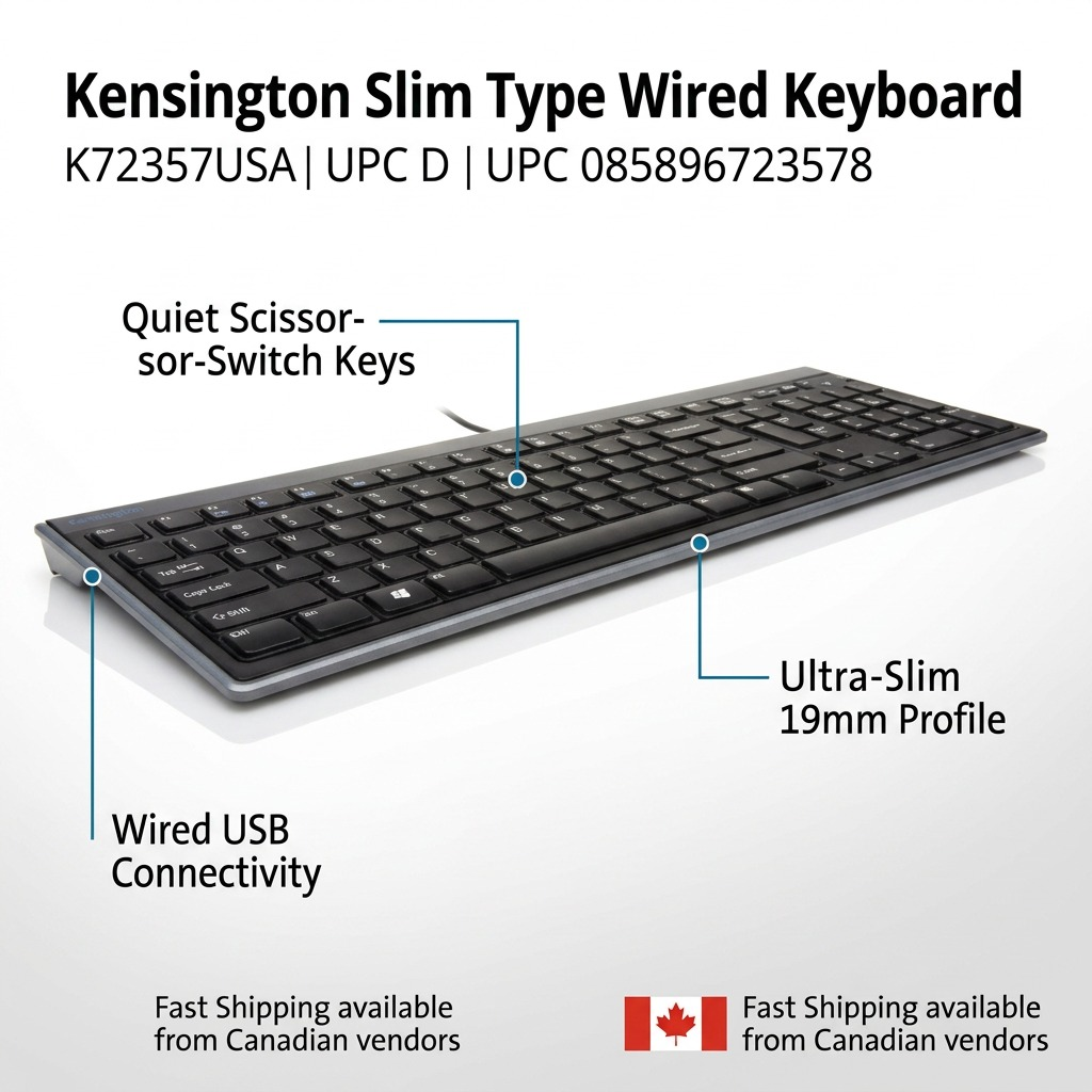 Kensington Slim Wired Keyboard graphic highlighting laptop-style keys and a 19mm profile.