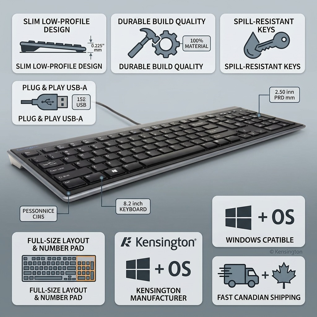 Infographic for Kensington Slim Wired Keyboard featuring low-profile design and Windows compatibility.
