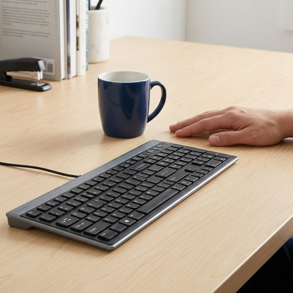Kensington Slim Wired Keyboard on a desk next to a hand and coffee mug for scale reference.