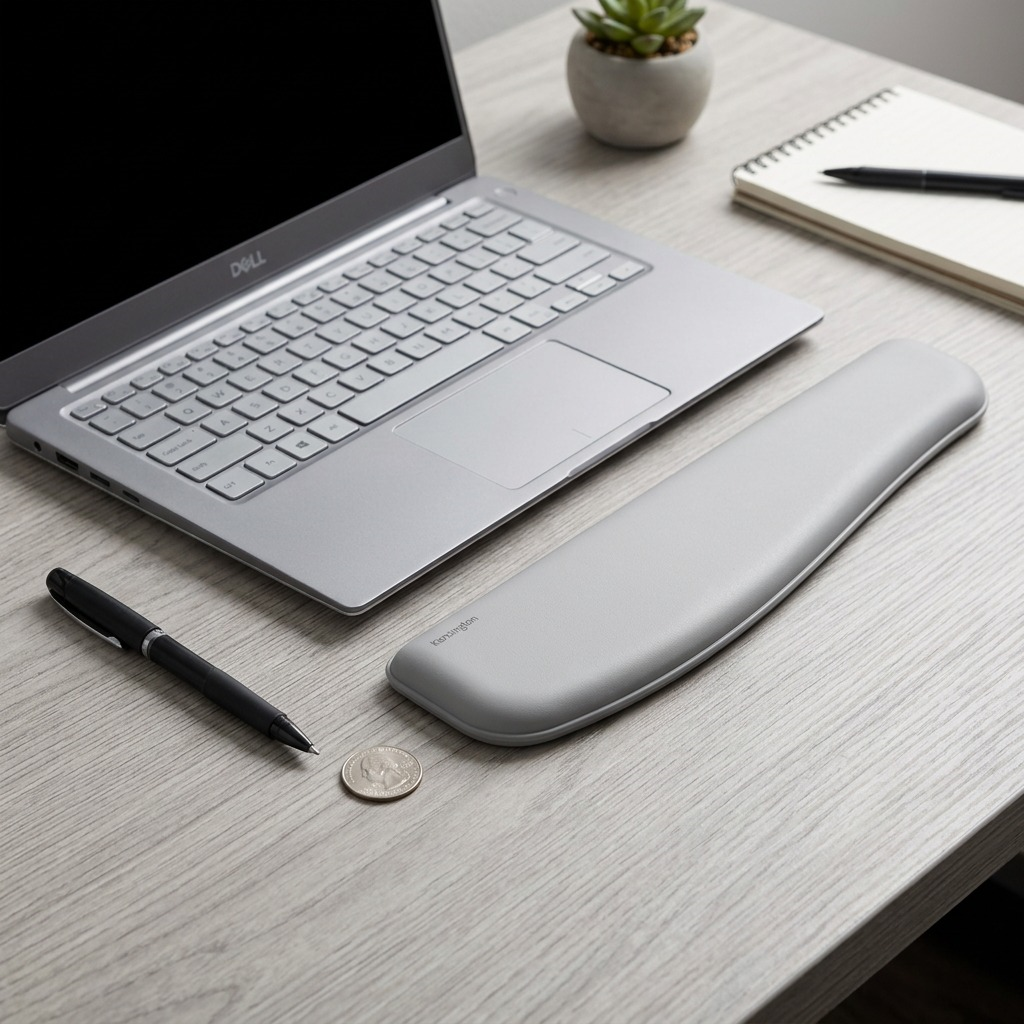 Kensington ErgoSoft grey slim keyboard wrist rest shown on a desk beside a laptop and a coin for scale.
