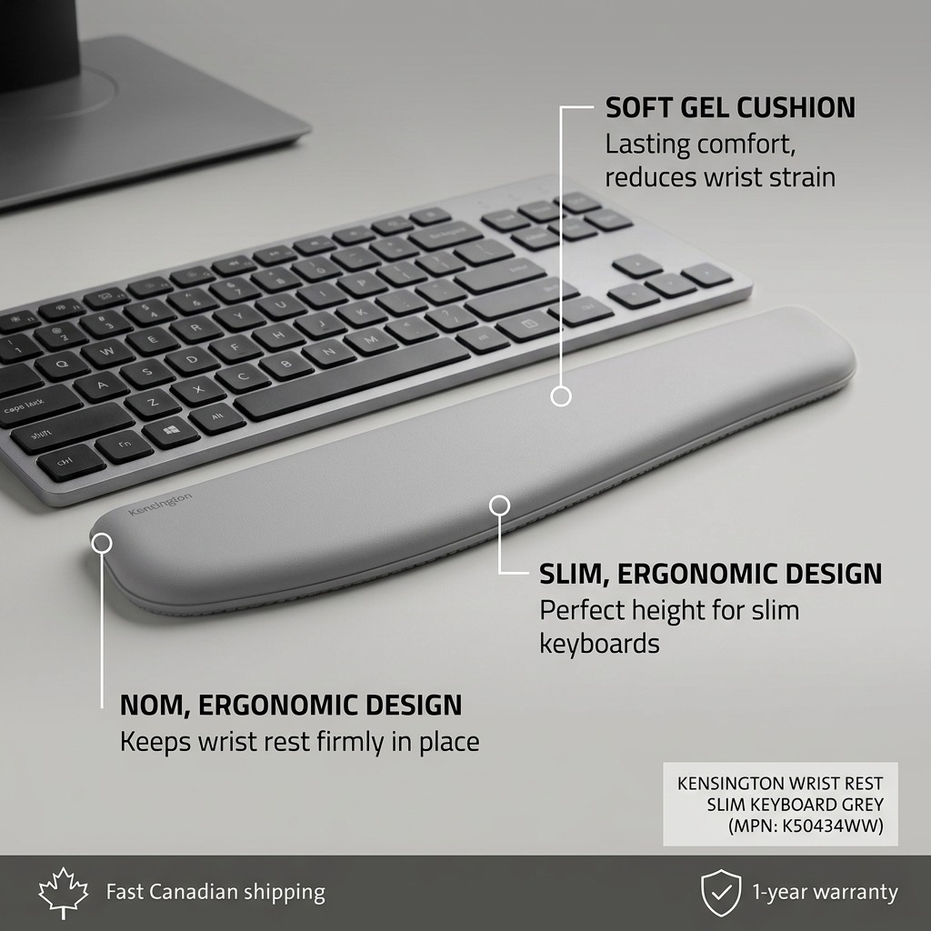 Grey Kensington ErgoSoft Slim Keyboard Wrist Rest with callouts for gel cushion and ergonomic design.