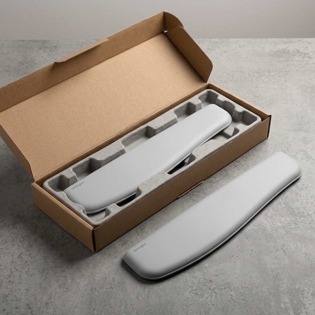 Kensington ErgoSoft grey wrist rest for slim keyboards shown in protective cardboard packaging.