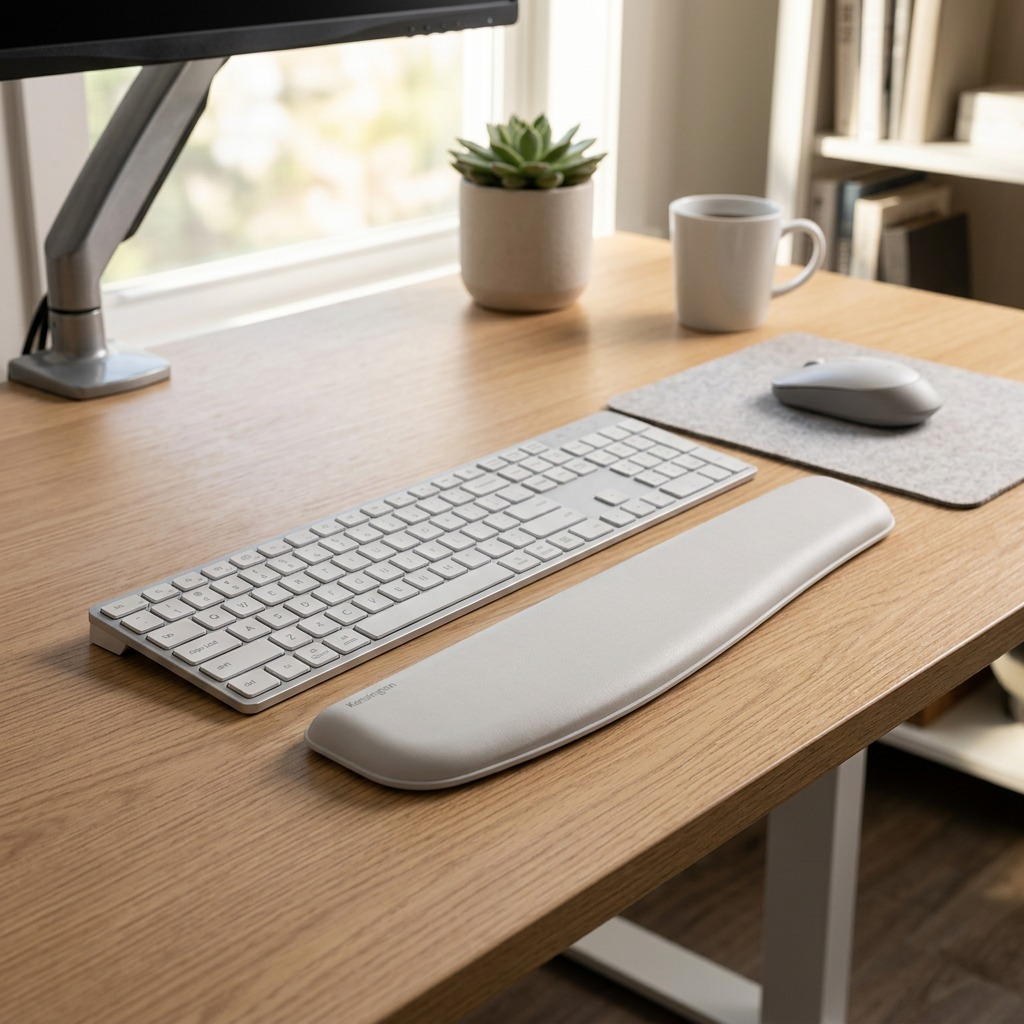 Kensington ErgoSoft grey gel wrist rest positioned in front of a slim keyboard on a wooden desk.