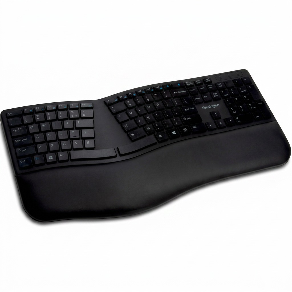 Black Kensington Pro Fit Ergo Wireless Keyboard with a split ergonomic design and cushioned wrist rest.