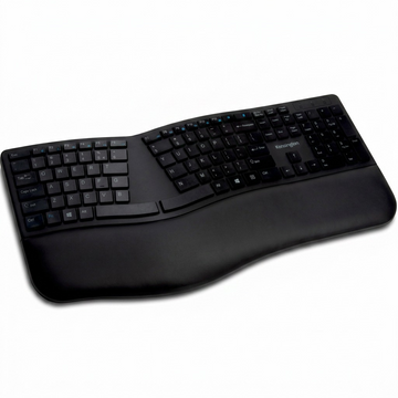 Black Kensington Pro Fit Ergo Wireless Keyboard with a split ergonomic design and cushioned wrist rest.