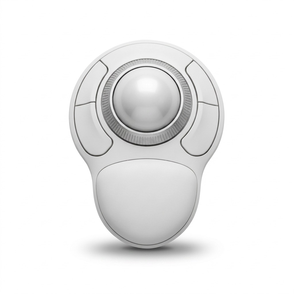 Kensington Orbit white wireless trackball mouse with scroll ring and ergonomic wrist rest.