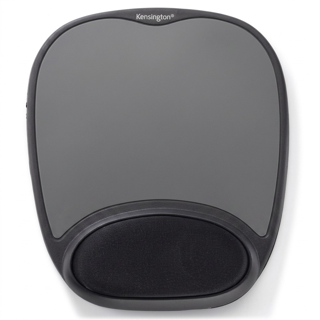 Kensington Comfort Gel Mouse Pad in black and grey, featuring an ergonomic wrist rest support.