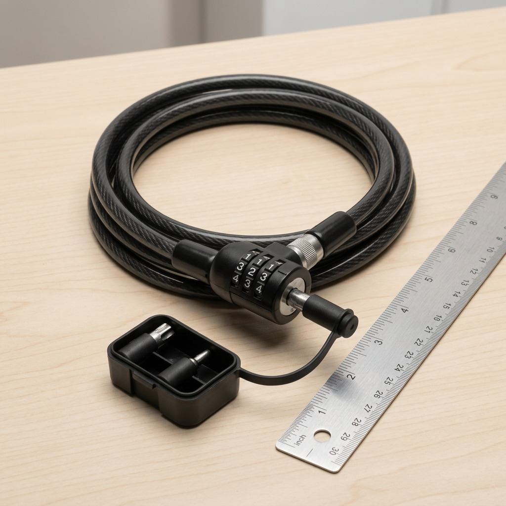 Kensington 3-in-1 resettable laptop lock with coiled cable and tips shown beside a ruler for scale.