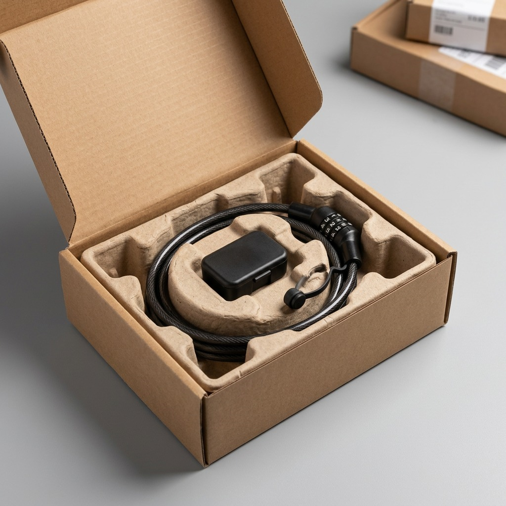 Kensington 3-in-1 combo laptop lock securely packaged in a protective cardboard shipping box.