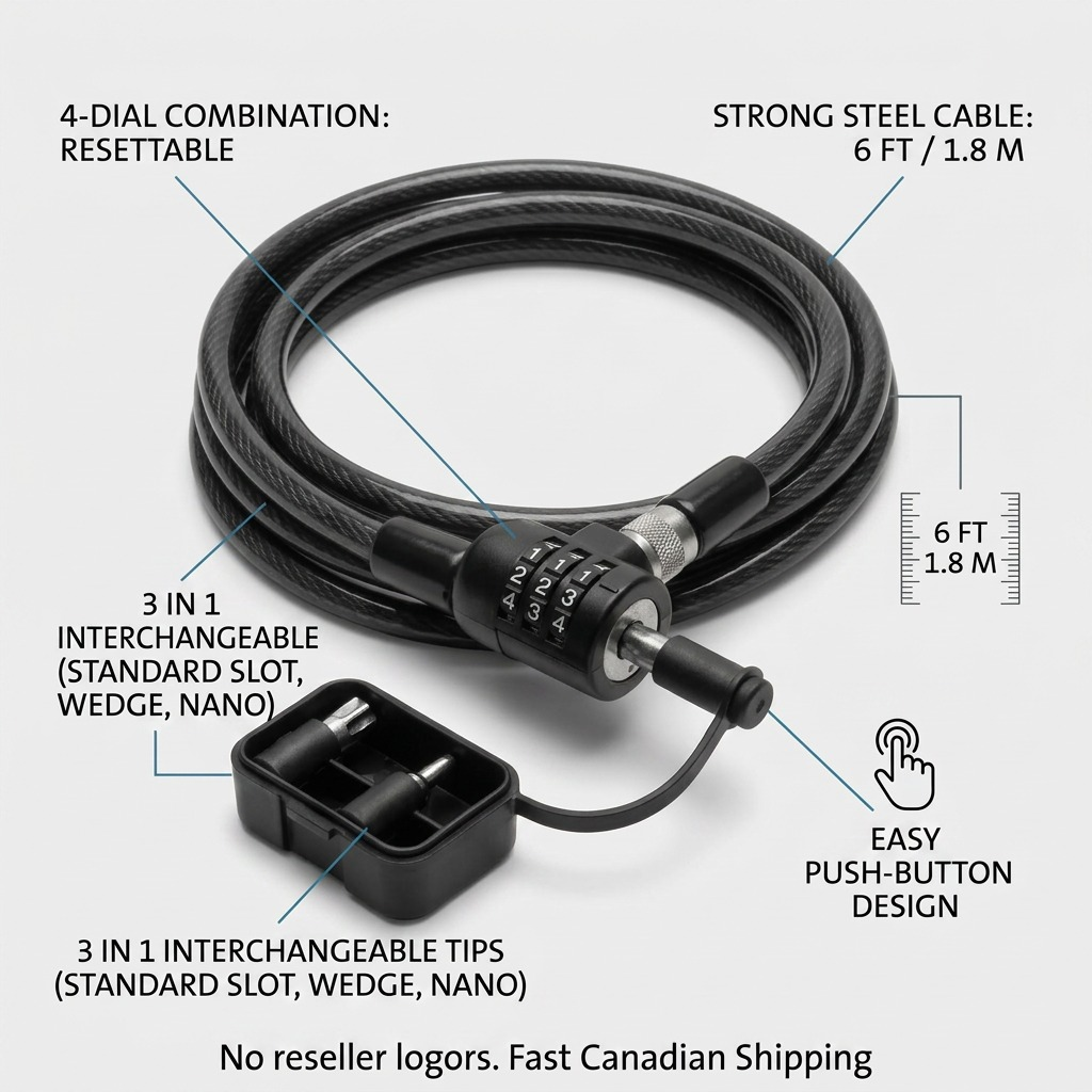 Kensington 3-in-1 combo lock with 6ft steel cable, 4-dial resettable lock, and 3 interchangeable tips.