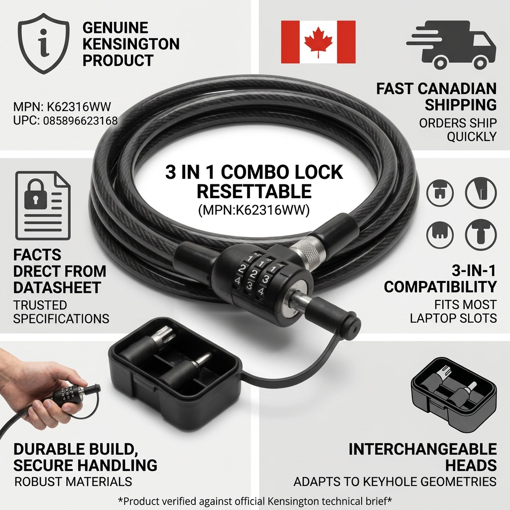 Kensington 3-in-1 Resettable Combination Laptop Lock (K62316WW) with interchangeable heads.