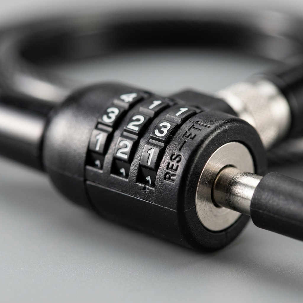 Macro detail of the resettable 4-digit combination dial on a Kensington 3-in-1 laptop cable lock.