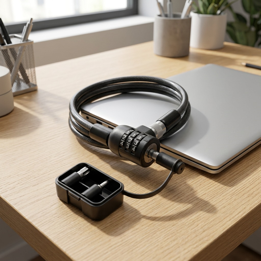 Kensington 3-in-1 combination laptop lock with 4-wheel dial and cable on an office desk.