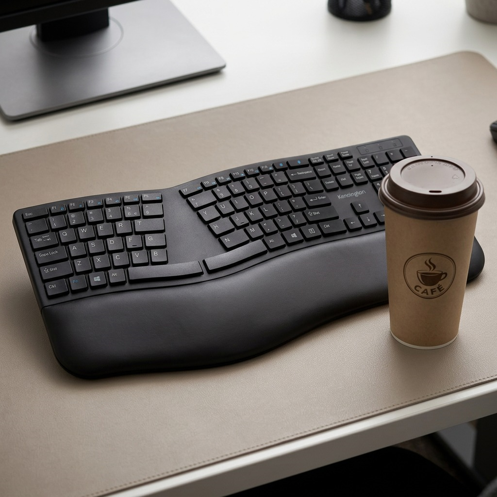 Kensington Pro Fit Ergo Wireless Keyboard with split design next to a coffee cup for scale.
