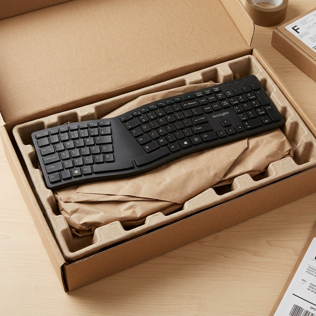 Kensington Pro Fit Ergo Wireless Keyboard safely nestled in protective cardboard shipping packaging.