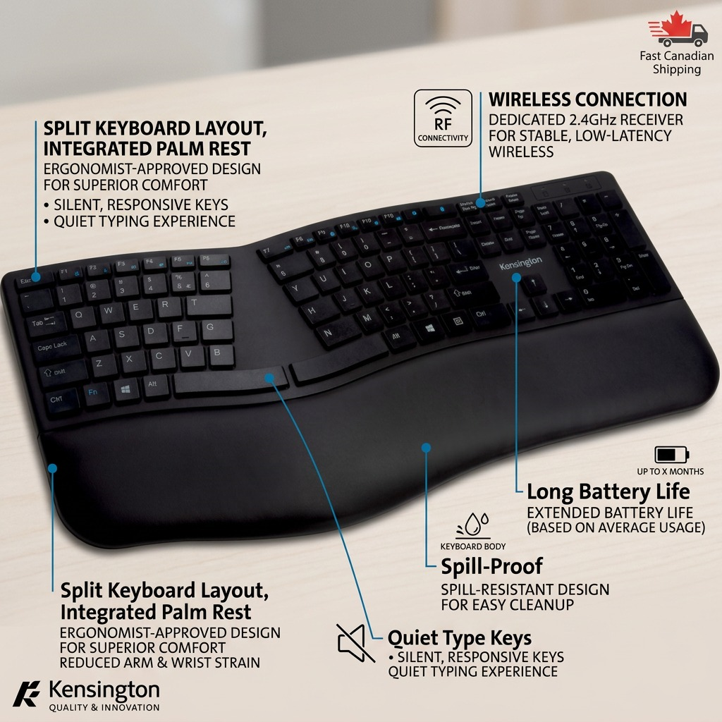 Kensington Pro Fit Ergo Wireless Keyboard infographic highlighting split layout and palm rest.