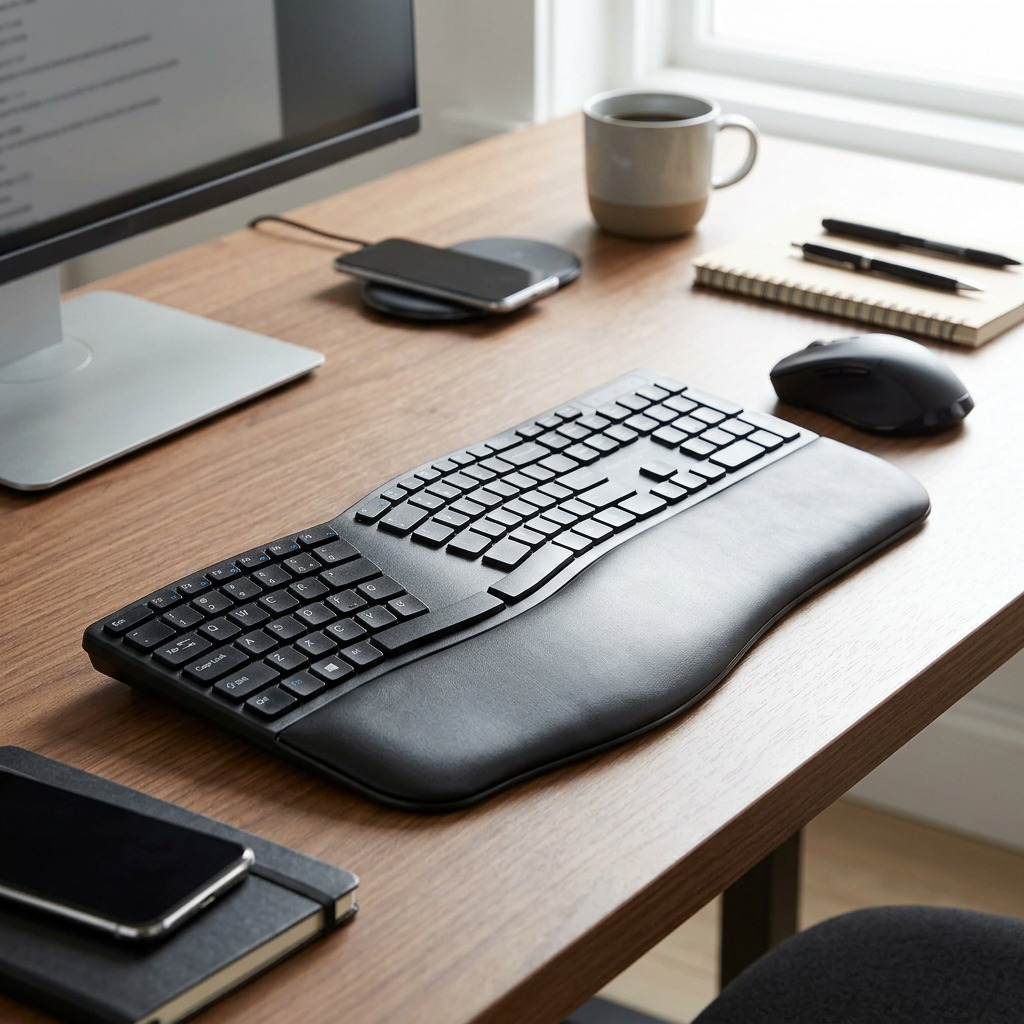 Kensington Pro Fit Ergo Wireless Keyboard with split-key design and wrist rest on a wooden desk.