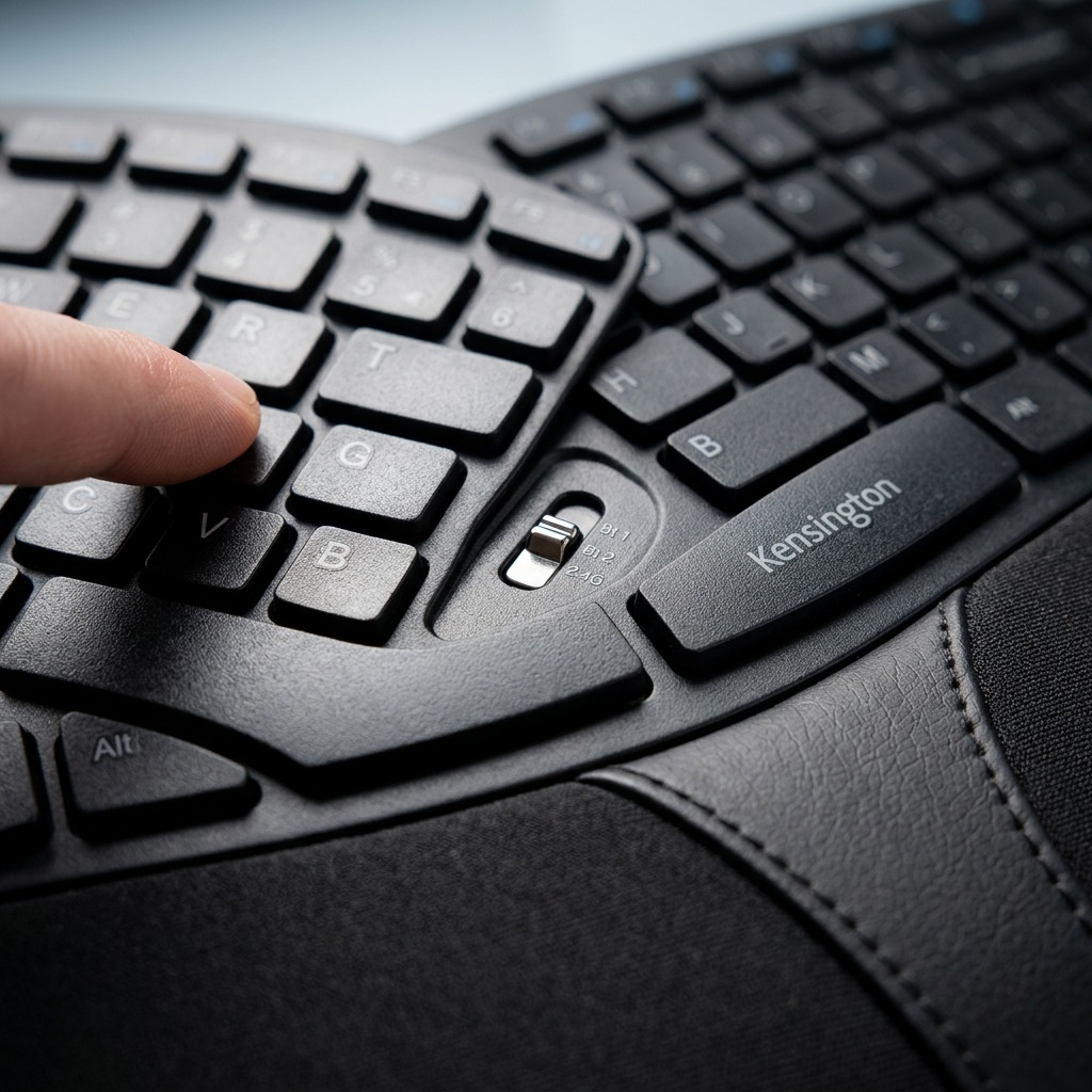 Macro view of the Kensington Pro Fit Ergo Wireless Keyboard connectivity switch and cushioned rest.