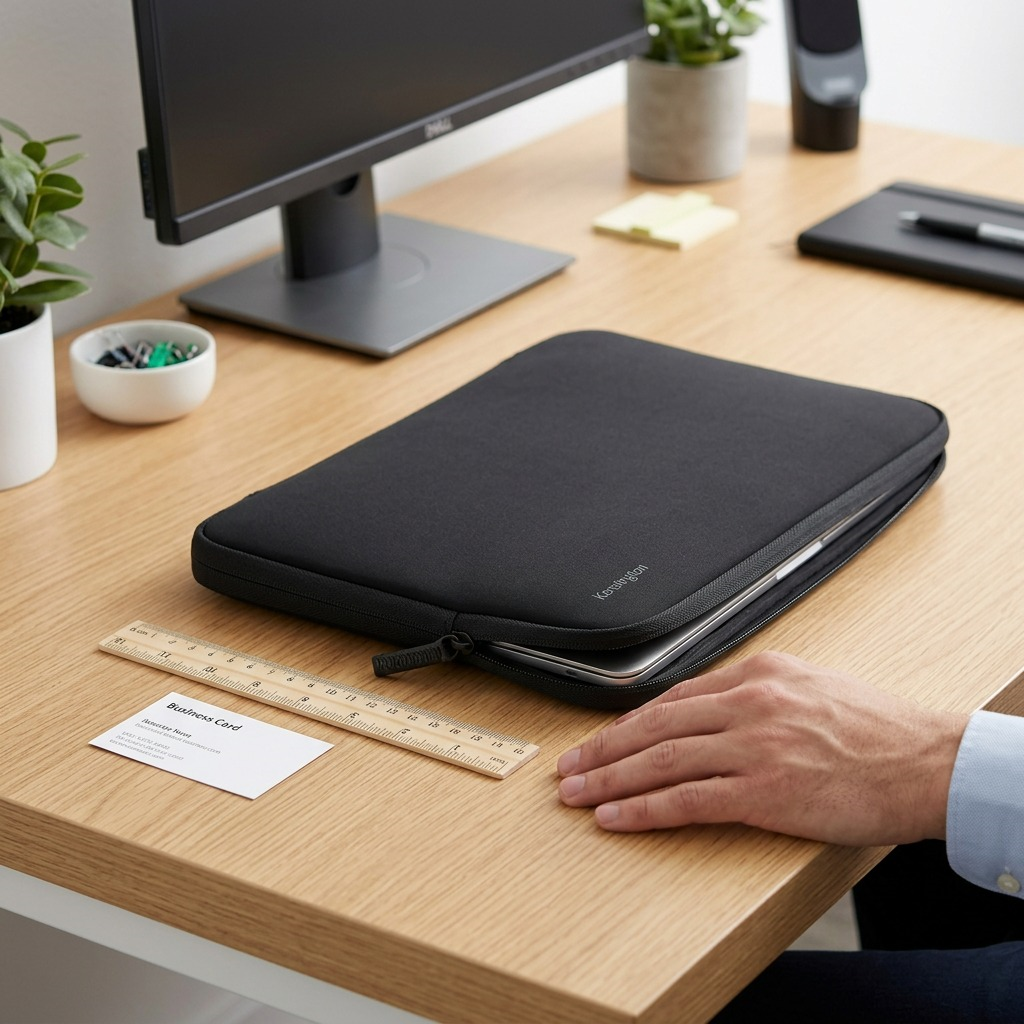 Kensington 14" Universal Sleeve on a desk next to a ruler and business card for scale reference.