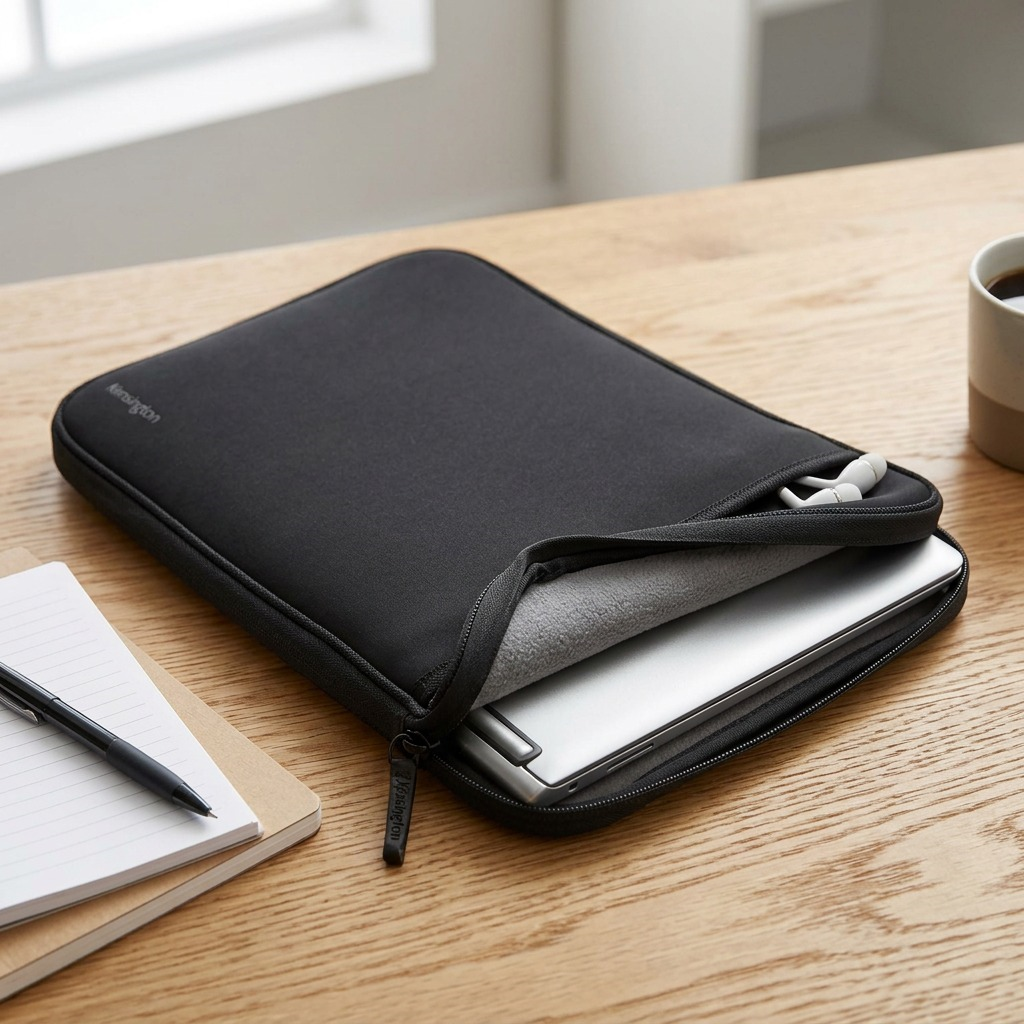 Kensington 14-inch Universal Sleeve on a wooden desk with a silver laptop and soft fleece lining.