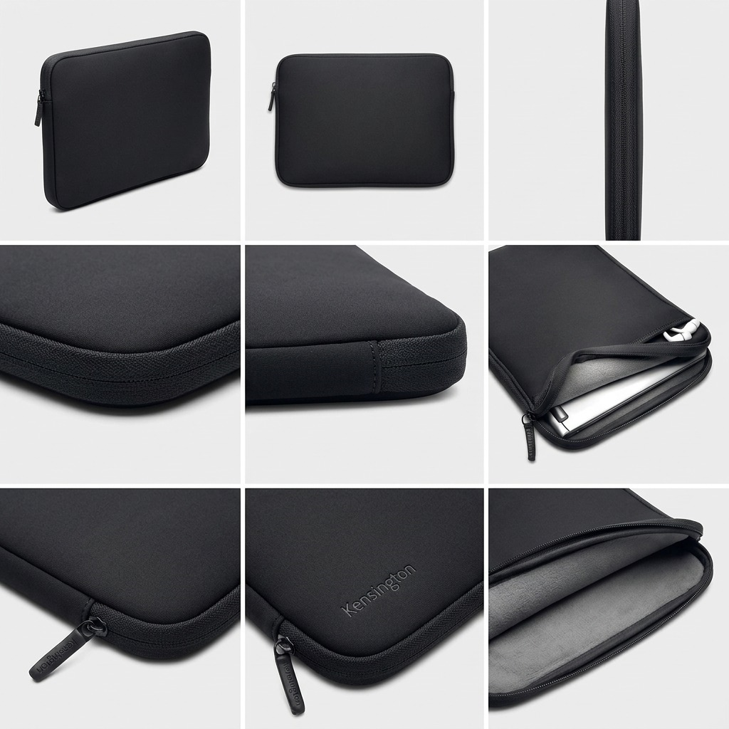 Grid of Kensington 14-inch Universal Sleeve views showing black exterior, zipper, and fleece lining.